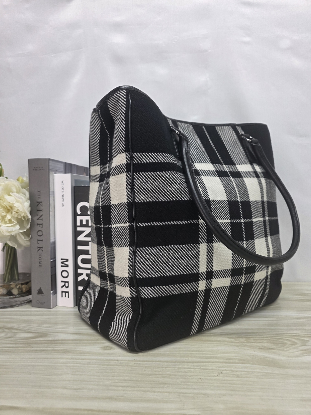 Banana Republic Black and White Plaid Structured Tote